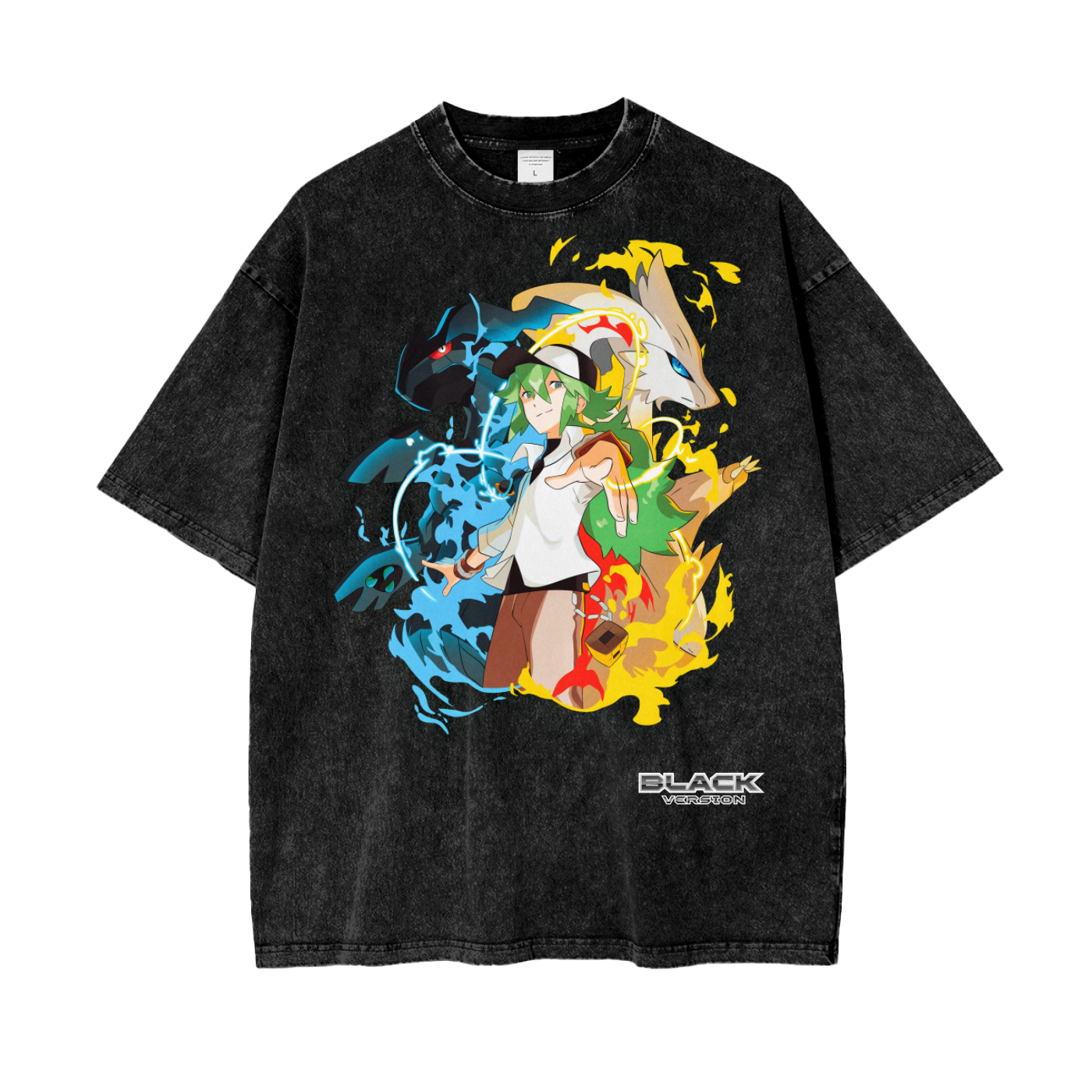 Reshiram/Zekrom Cosmic Eclipse Pokemon Black/White Inspired - Acid Wash Oversize T-Shirt - 250gsm