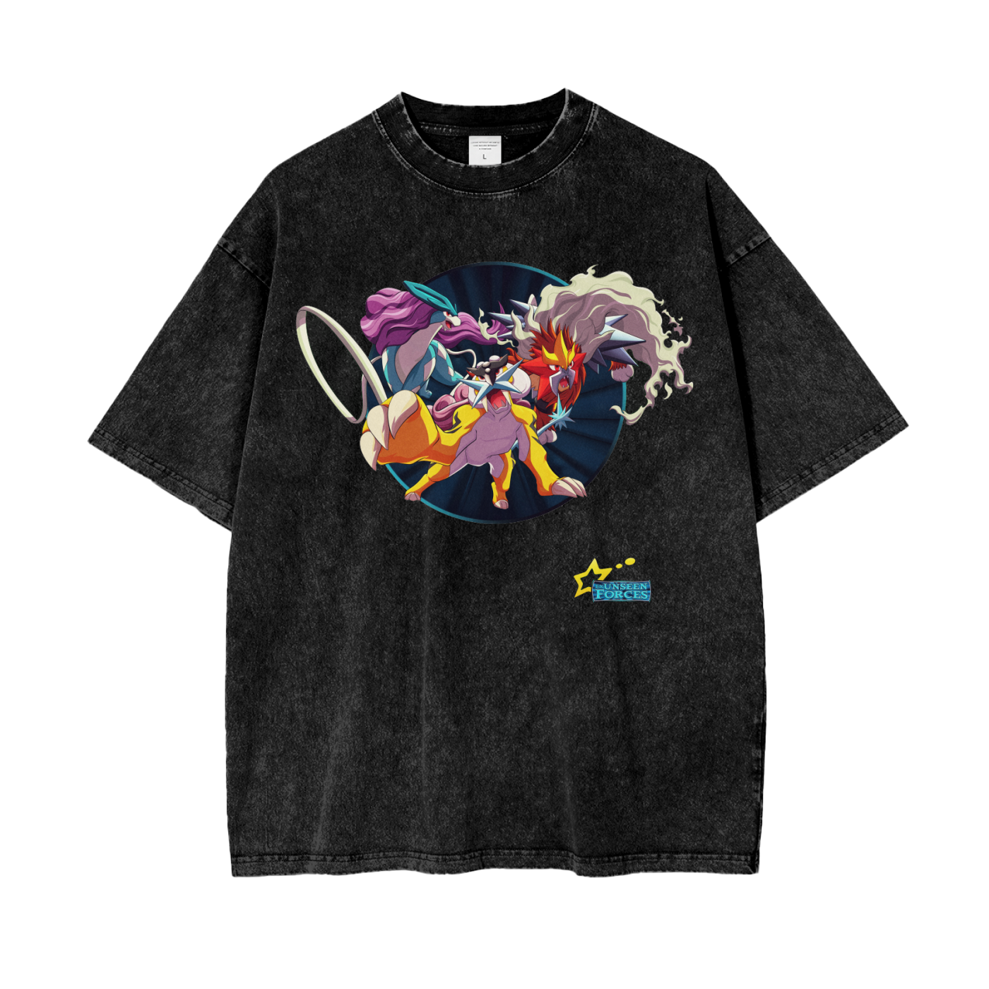 Entei/Raikou/Suicune EX Unseen Forces Pokemon Inspired - Acid Wash Oversize T-Shirt - 250gsm