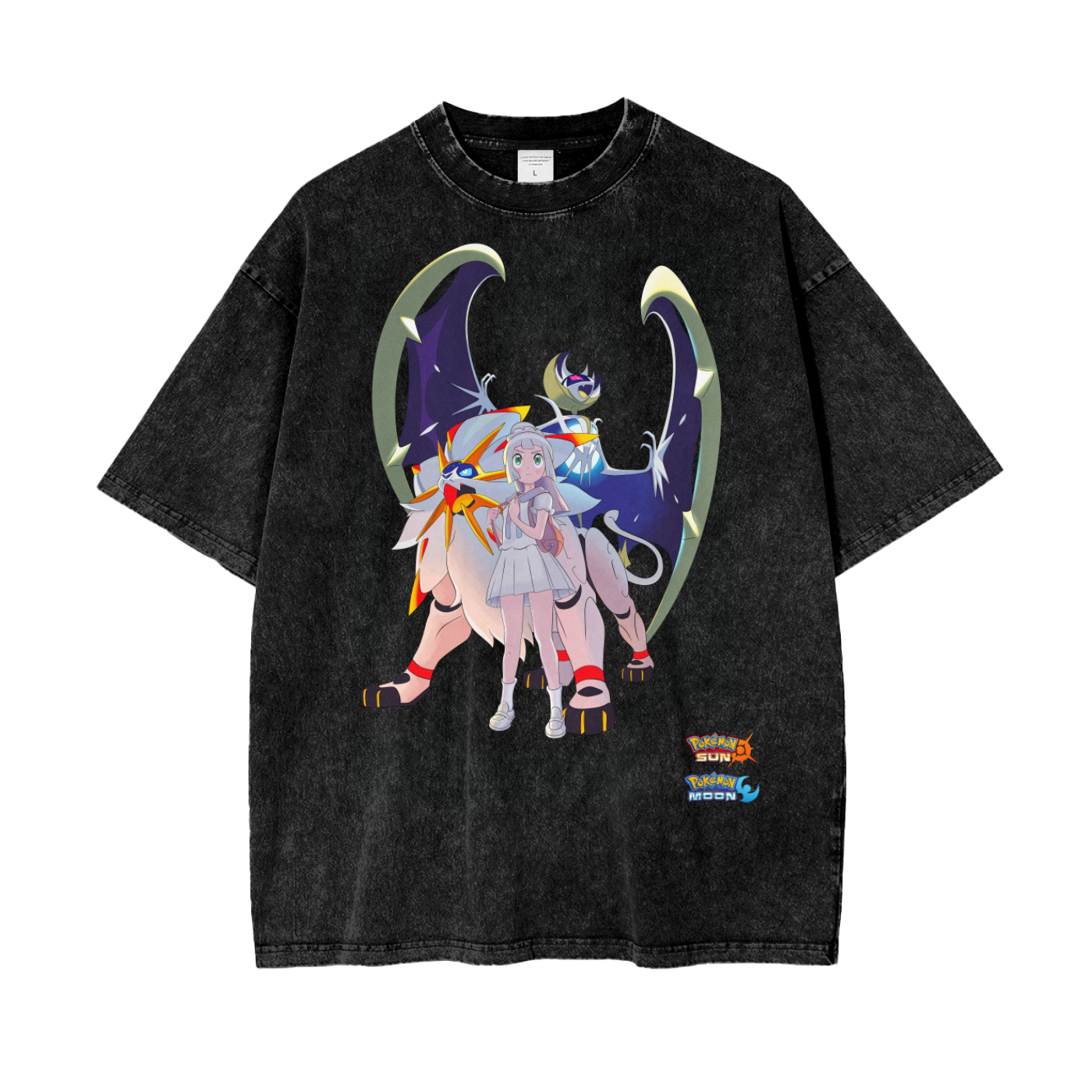 Lunala/Solgaleo/Lillie Pokemon Sun and Moon Inspired - Acid Wash Oversize T-Shirt - 250gsm